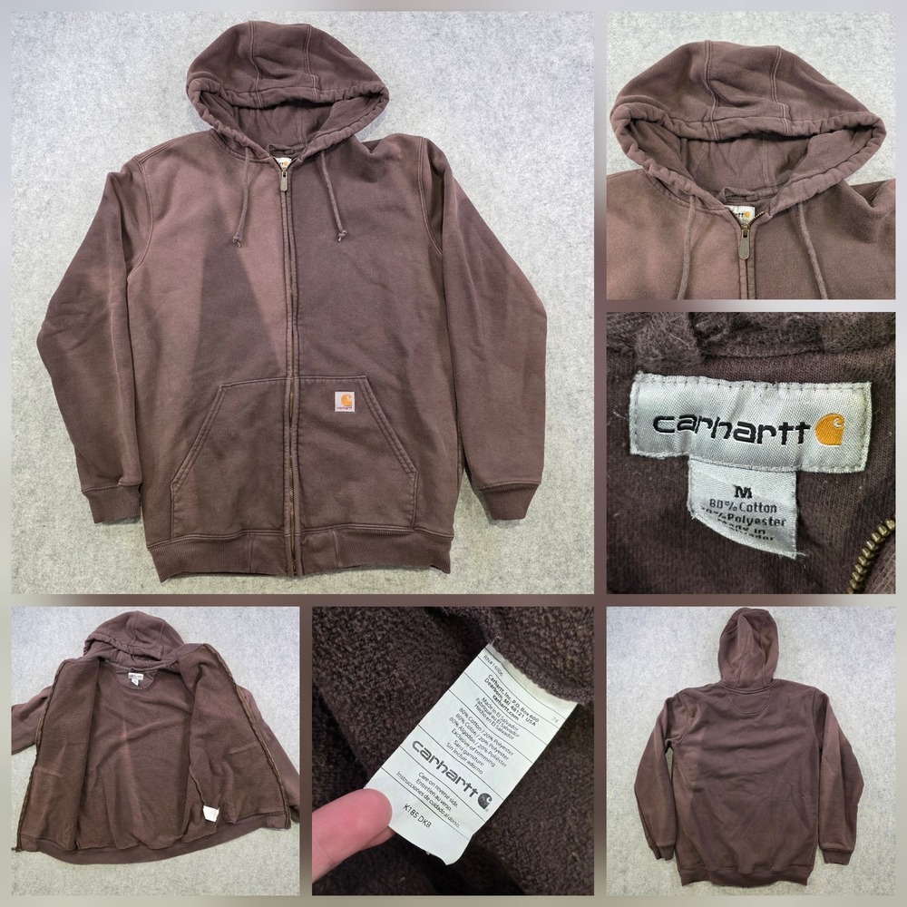 VTG FADED Carhartt Hoodie Mens Medium Brown‎ Full Zip Workwear Sweatshirt Lined